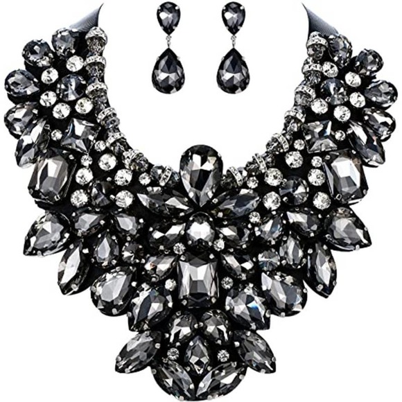 #20 Black Rhinestone Crystal Statement Necklace Earrings Set Cabochon Encrusted - Picture 2 of 5